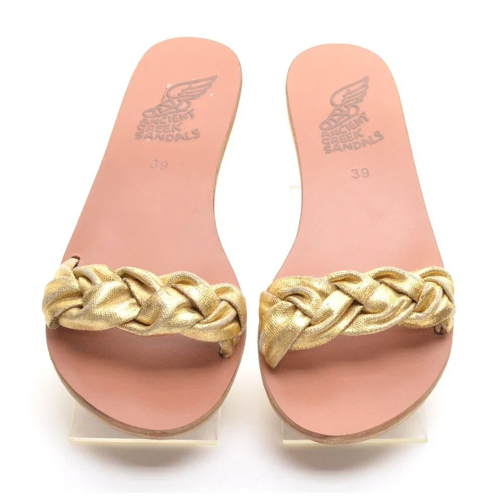 Ancient Greek Sandals Gold Braided Wooden Slides 39